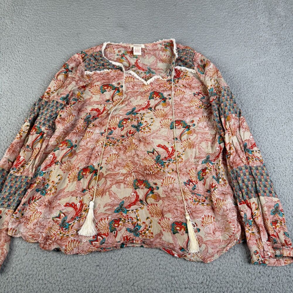 SUNDANCE Blouse Women L Blue Pink Top Floral Tassel Peasant Lightweight V Neck
